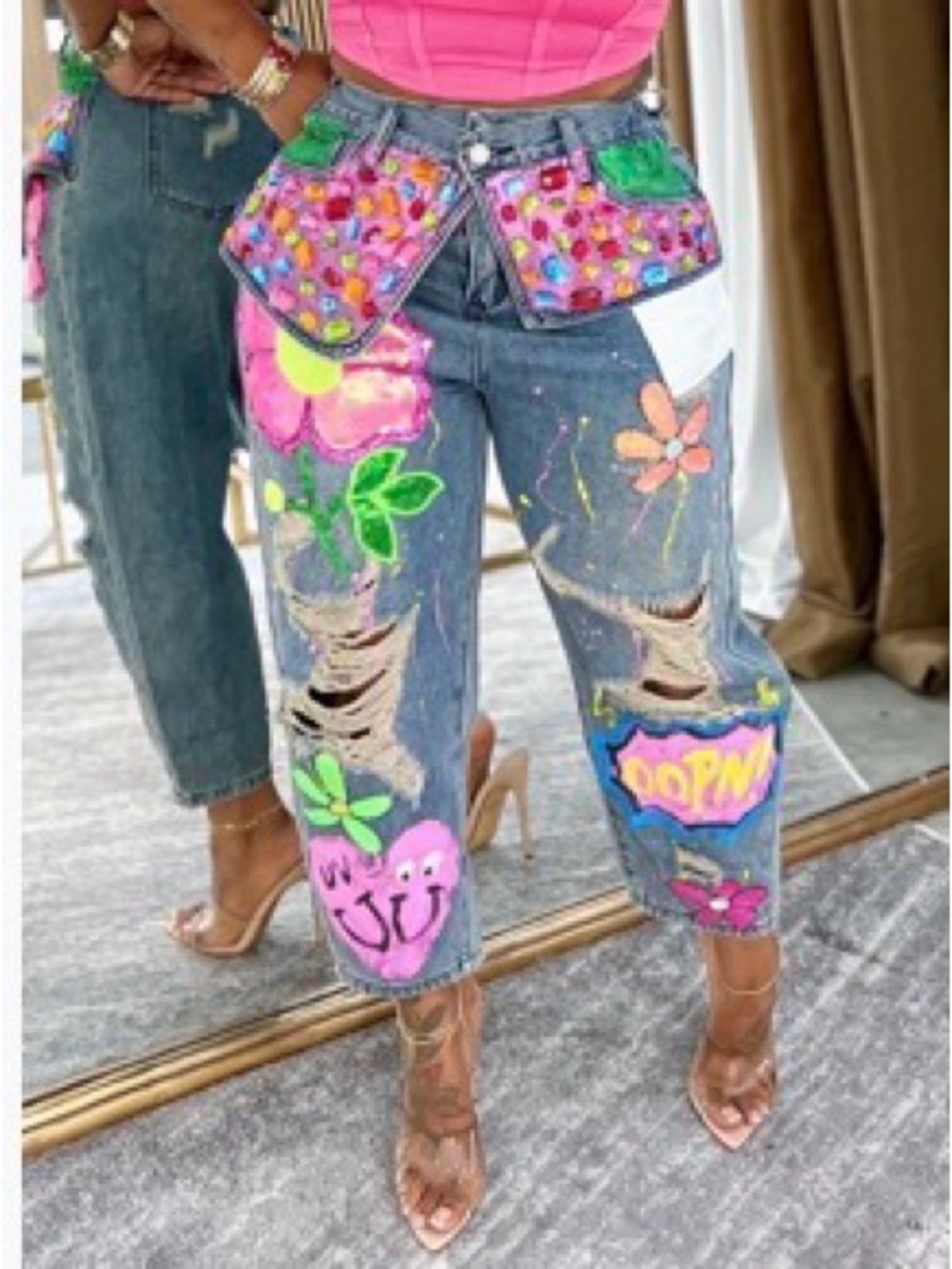 Hand-Painted Distressed Jeans with Colorful Cartoon Patches